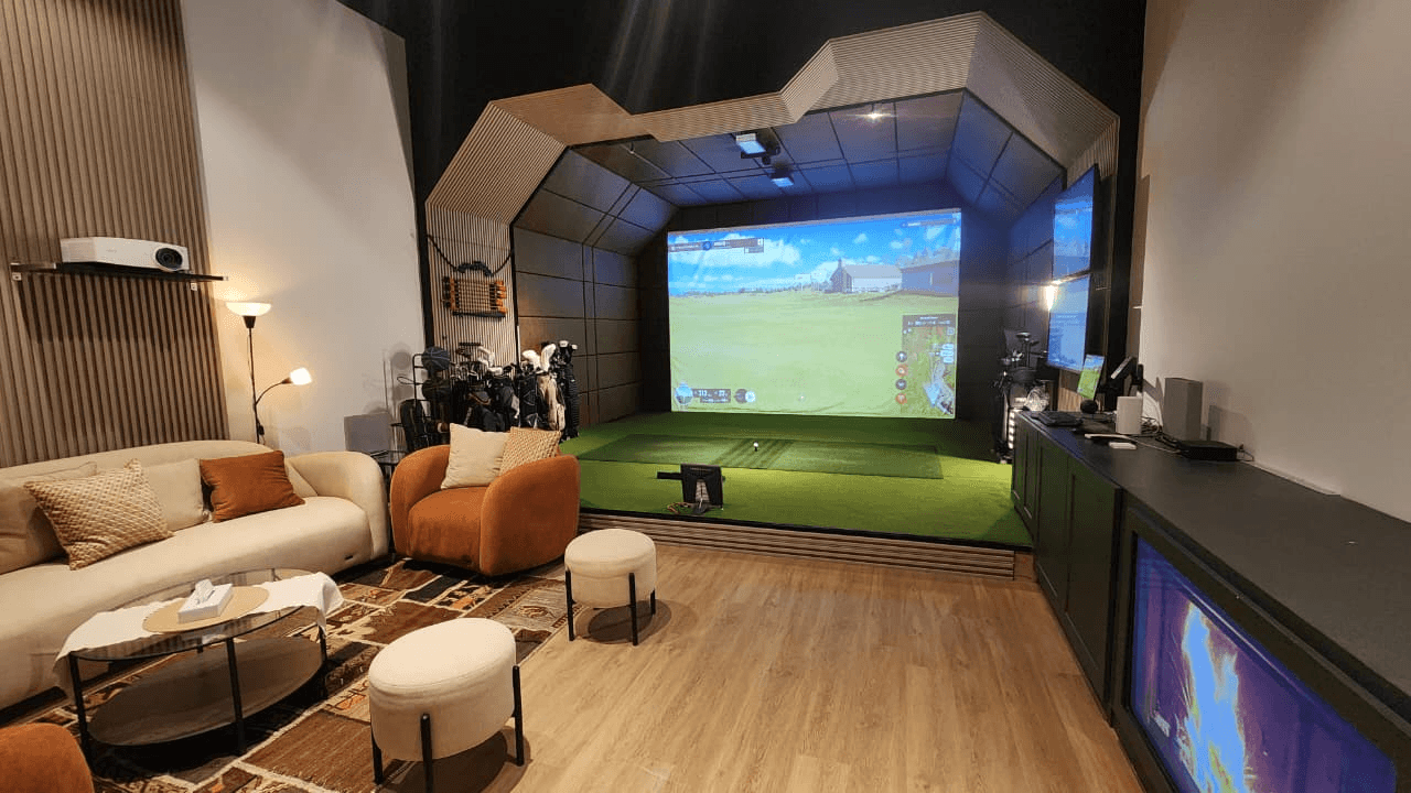 Commercial golf simulator lounge at Massarah Resort Saudi Arabia installed by Marafei Golf