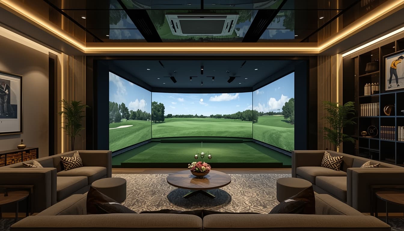 Luxury indoor golf simulator room designed and installed by Marafei Golf in Saudi Arabia