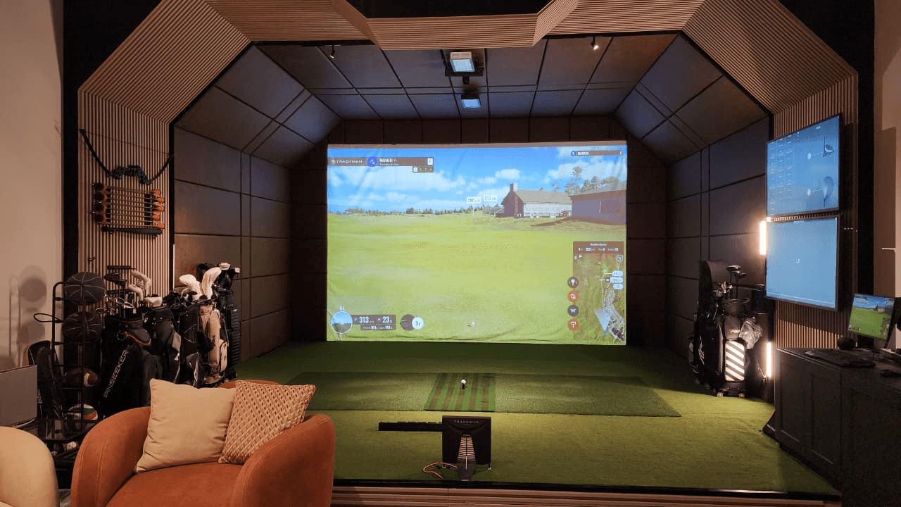 TrackMan golf simulator interior at Massarah Resort — Marafei Golf commercial installation